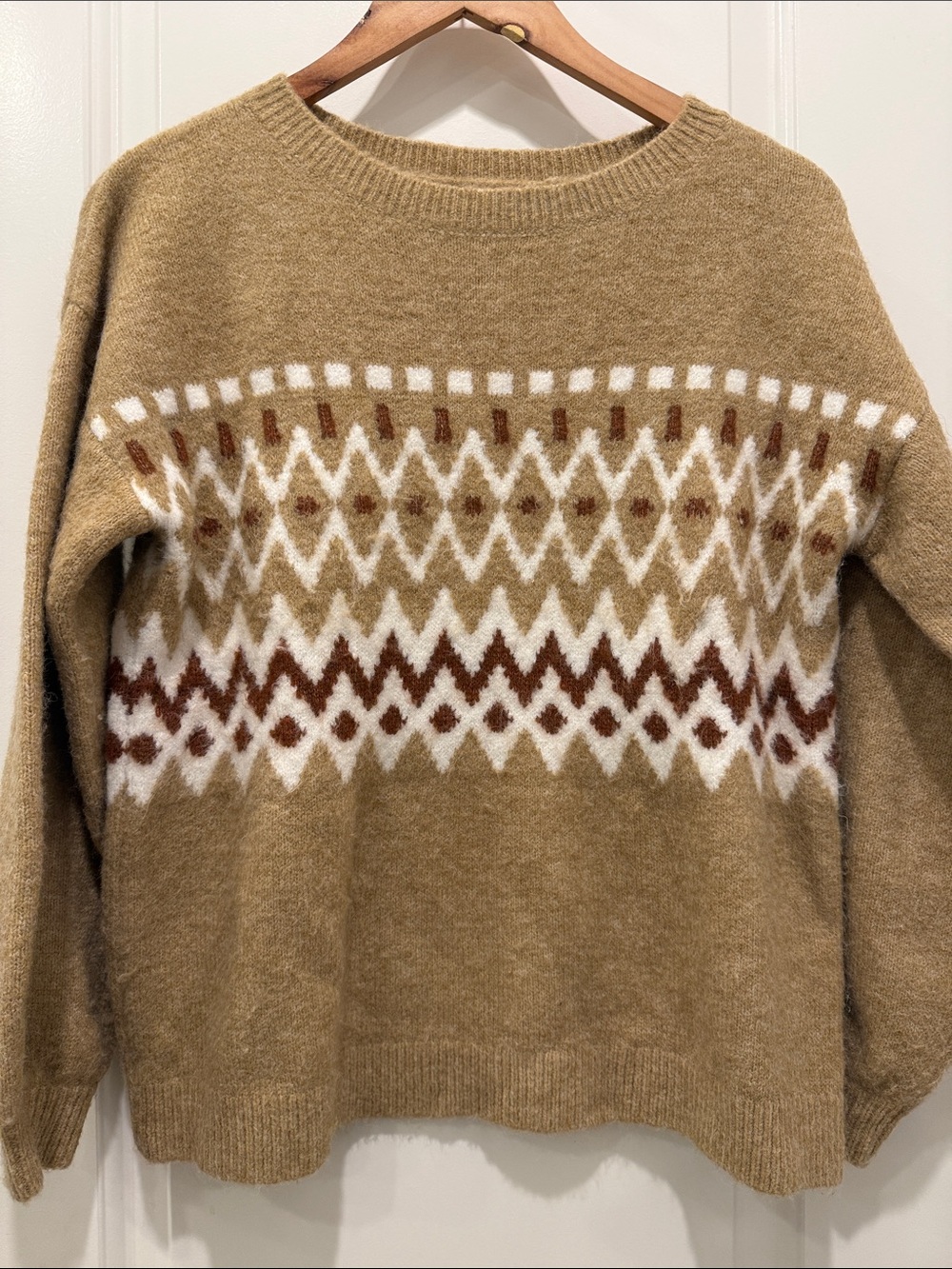 Ann Taylor Factory Camel Fair Isle Crewneck Sweater